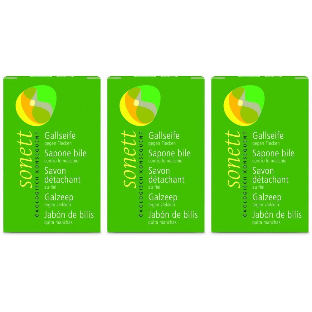 Trois emballages verts avec le logo sonett. Chaque emballage porte l'inscription multilingue "Gallseife gegen Flecken" et "Savon détachant".