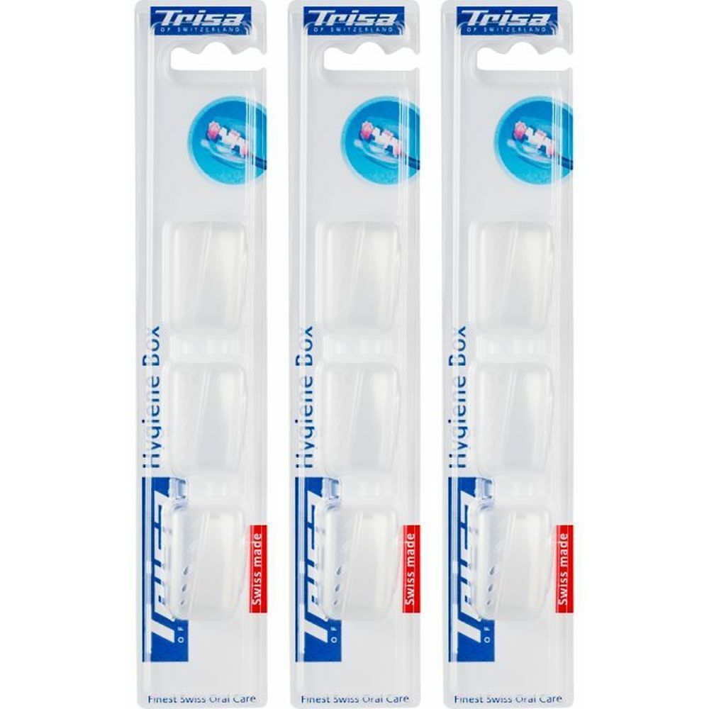 Trois paquets de protège-têtes de brosse à dents. Étuis rectangulaires transparents en blister. Marque Trisa, Swiss Made.