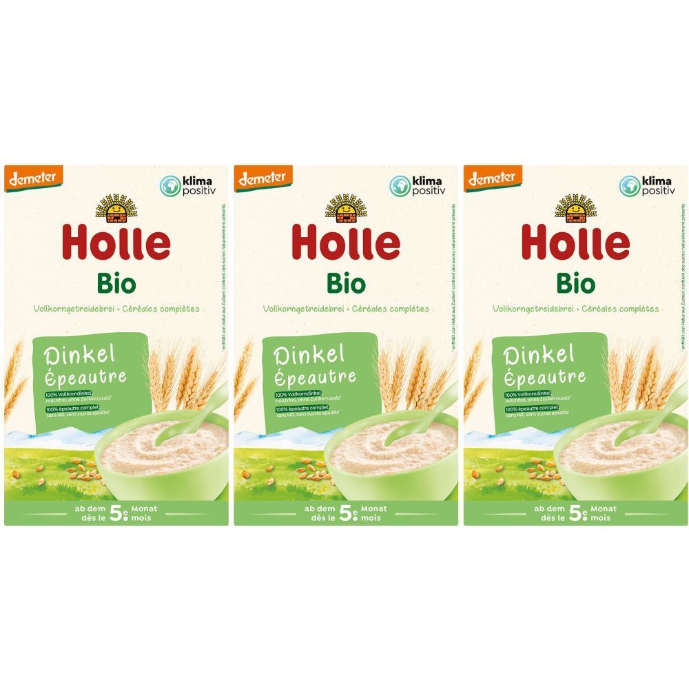 Trois boîtes de Holle Bio Dinkelbrei. Inscriptions : Holle Bio, label Demeter, Klima positiv. Dès le 5e mois.