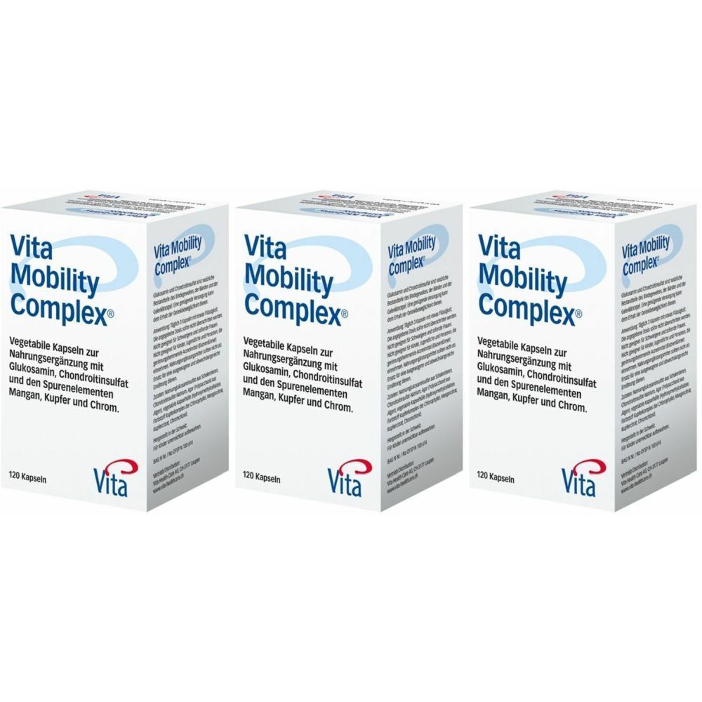 Trois boîtes blanches avec "Vita Mobility Complex". Texte: "Gélules végétales pour complément alimentaire avec glucosamine, chondroïtine..." et "120 gélules".
