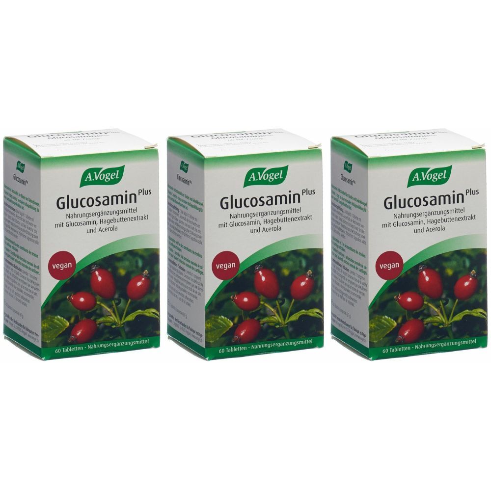 Trois boîtes de A. Vogel Glucosamine Plus. Emballage blanc avec logo vert et nom du produit. Label vegan.