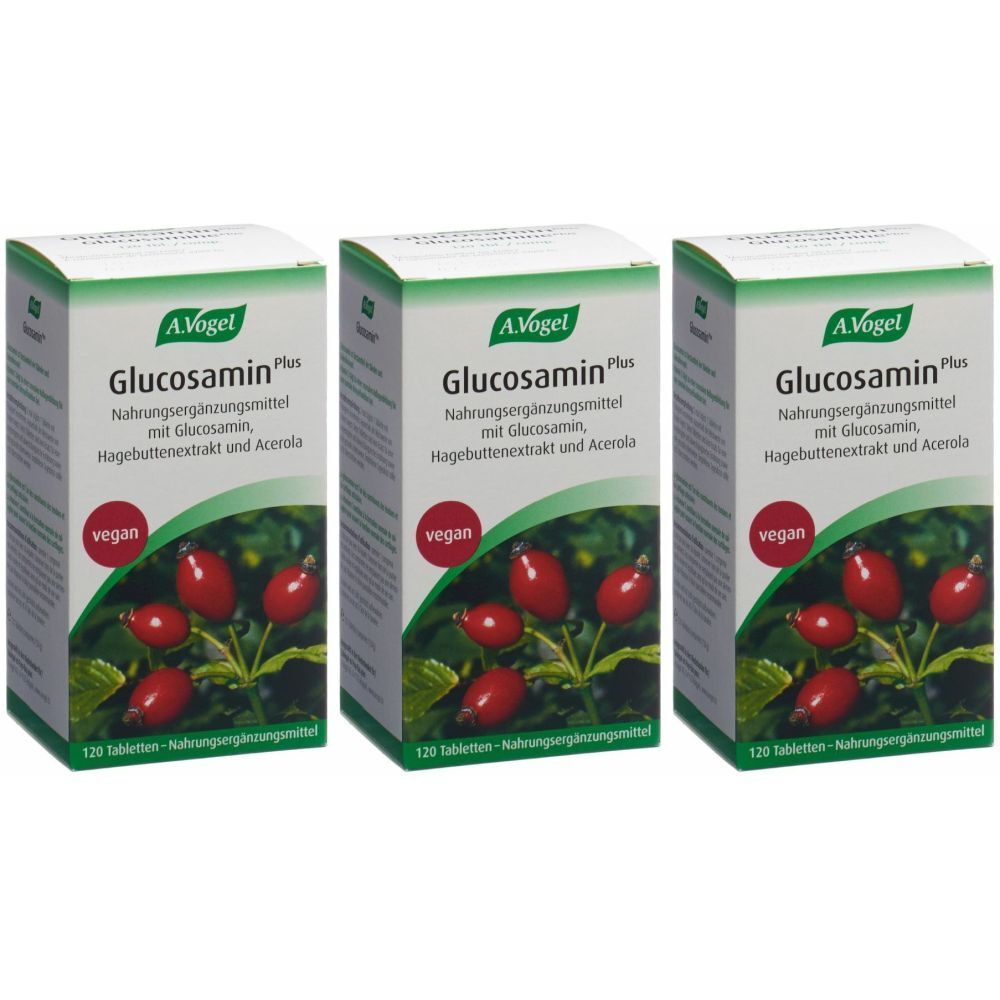 Trois boîtes de A. Vogel Glucosamine Plus. Chaque boîte porte la mention "vegan". Inscription : Complément alimentaire avec glucosamine, extrait d'églantier et acérola.