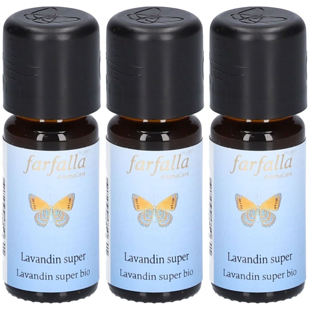 Trois petites bouteilles en verre brun avec des bouchons noirs. Les étiquettes indiquent "farfalla", "Lavandin super" et "Lavandin super bio".