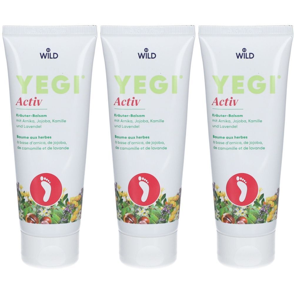 Trois tubes de baume aux herbes YEGI® Activ. Tubes blancs avec texte vert et symbole d'empreinte de pied rouge. Texte en allemand et français.