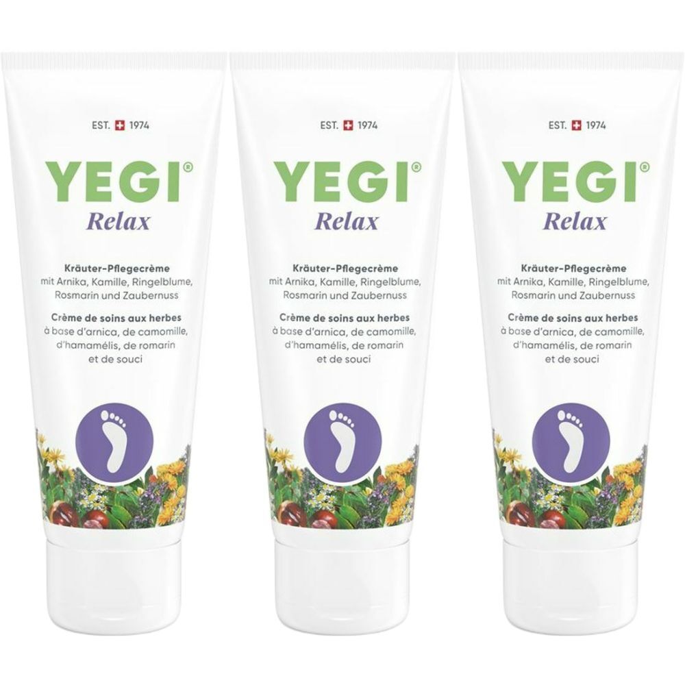 Trois tubes de crème aux herbes. Inscription: YEGI Relax. Symbole de pied et illustration d'herbes. Fond blanc.