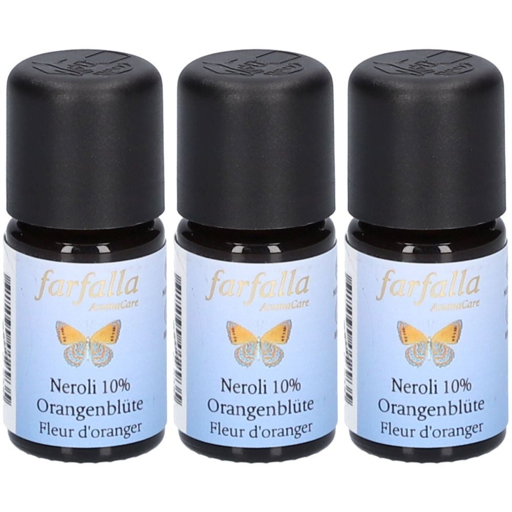 Trois flacons avec bouchons noirs. Étiquette avec "farfalla", papillon et "Neroli 10% Fleur d'oranger".