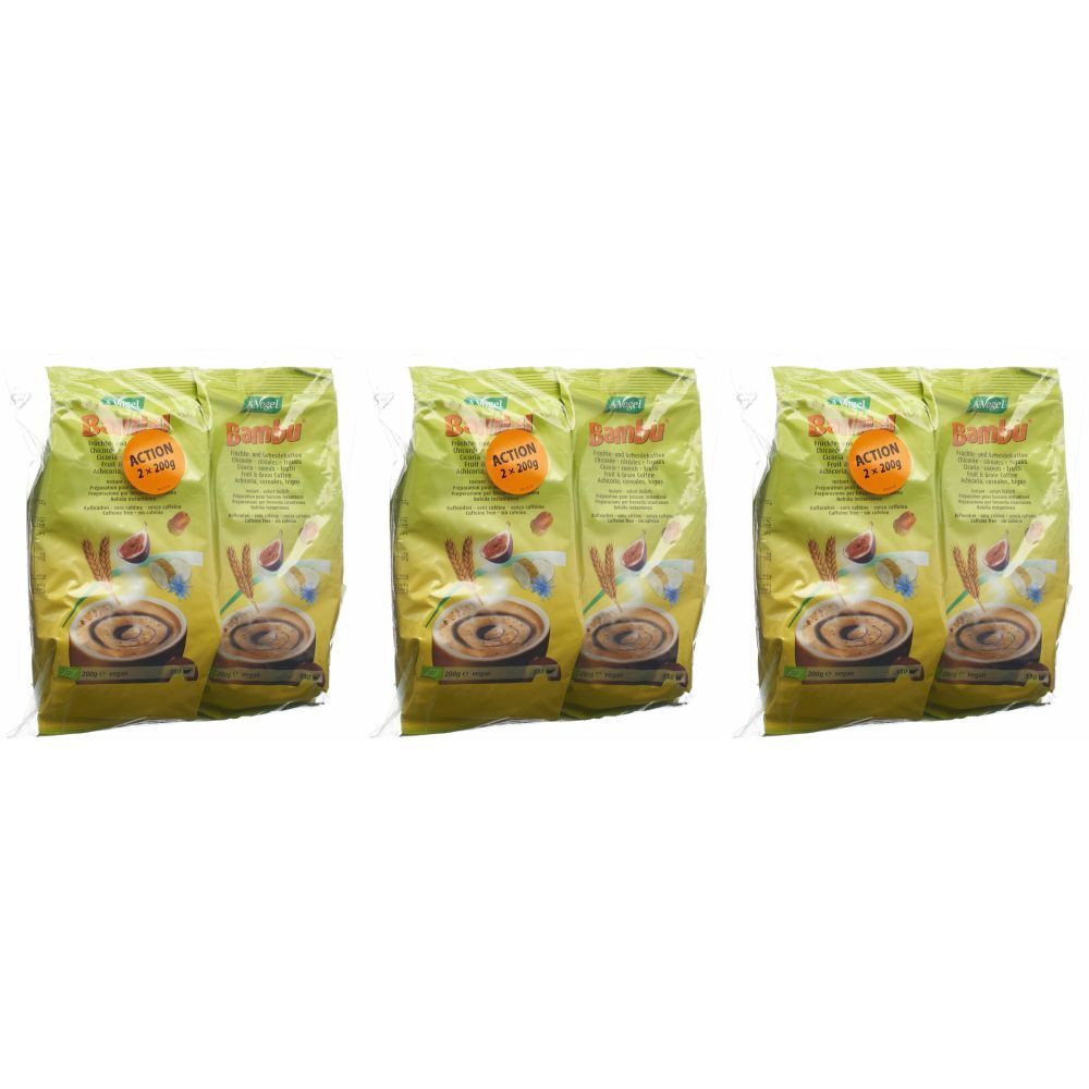 Trois paquets de A. Vogel Bambu café instantané aux fruits et céréales. Chaque paquet a un design jaune-vert avec une image du produit et du texte.
