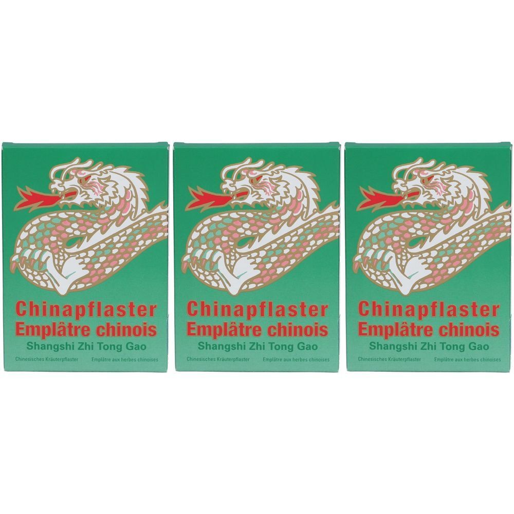 Trois boîtes vertes avec un motif de dragon. Chaque boîte porte l'inscription "Chinapflaster Emplâtre chinois Shangshi Zhi Tong Gao".