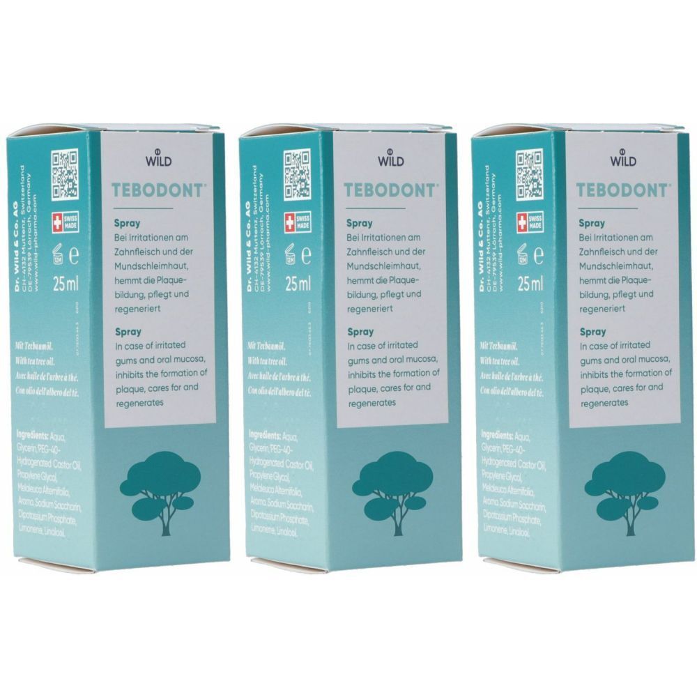 Trois boîtes rectangulaires "TEBODONT Spray". Emballage turquoise et blanc avec logo arbre et croix suisse.