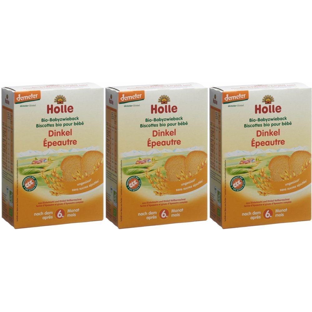 Trois boîtes de Holle Bio-Babyzwieback Dinkel. Inscriptions : Demeter, Bio, Dinkel, Épeautre, à partir de 6 mois.