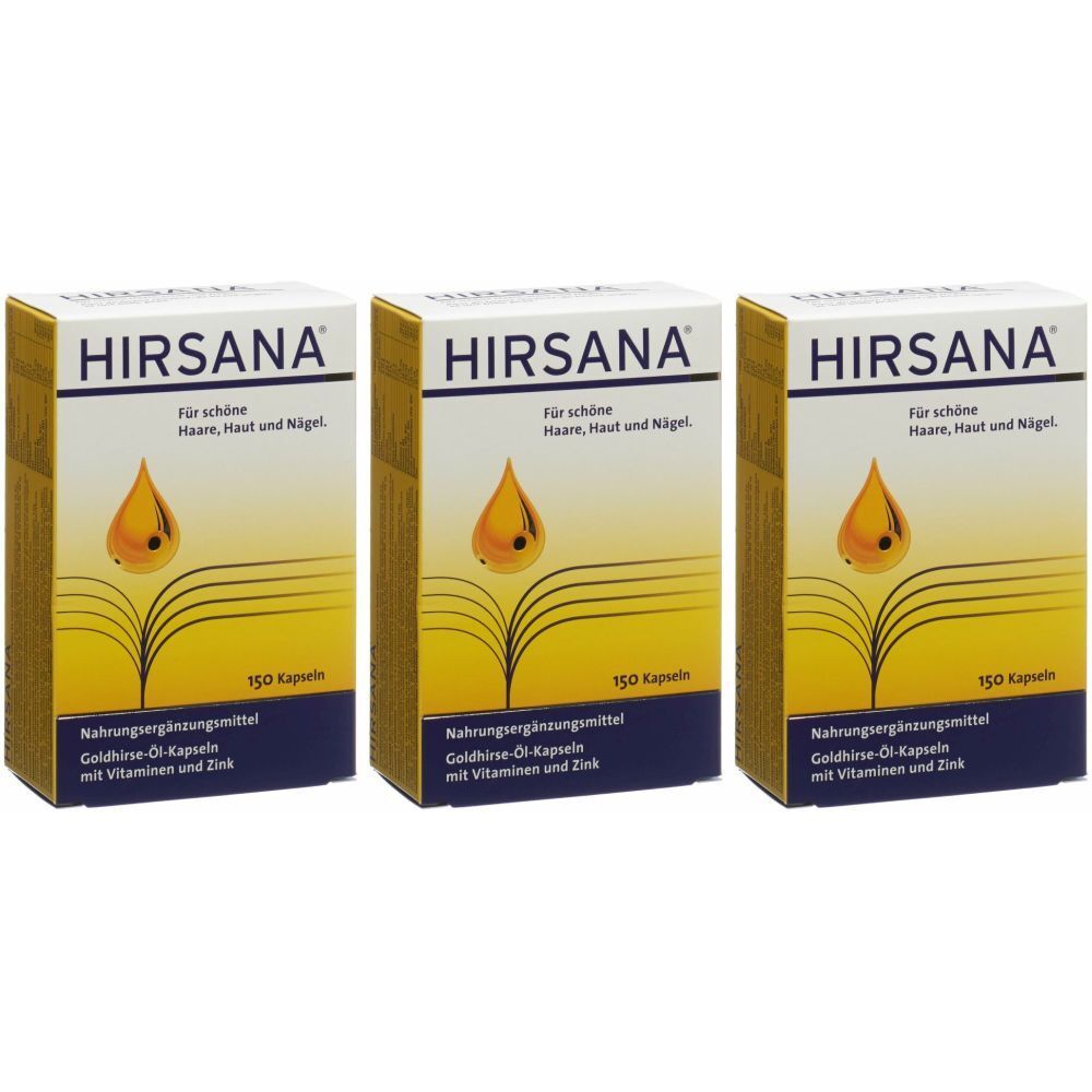 Trois boîtes de gélules HIRSANA. Inscription : Pour de beaux cheveux, une belle peau et de beaux ongles. Chaque boîte contient 150 gélules.