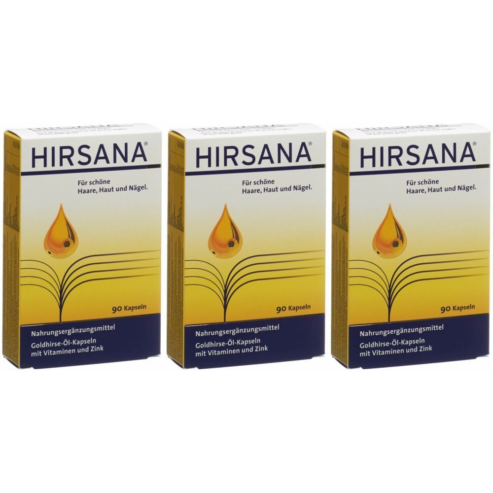Trois boîtes de gélules HIRSANA. Sur chaque boîte : logo, nom du produit, description, 90 gélules. Gélules d'huile de millet doré avec vitamines et zinc.