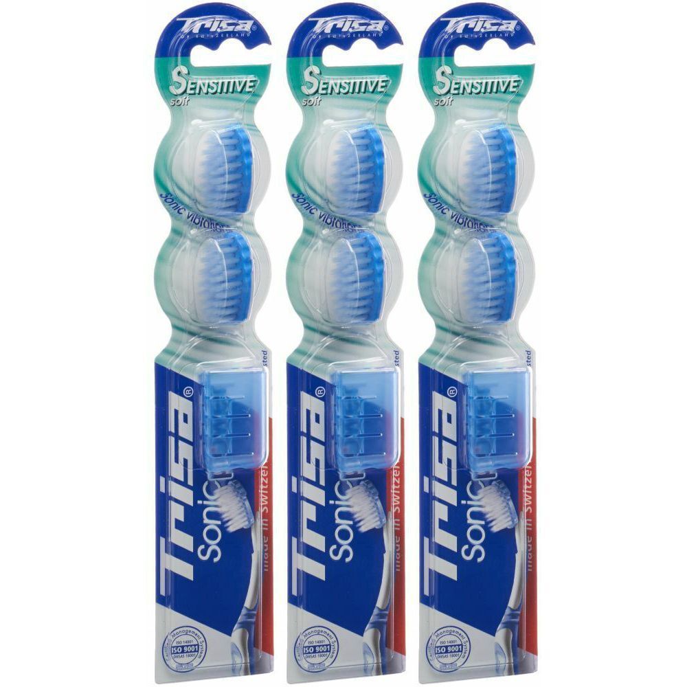 Trois têtes de brosse de rechange pour brosses à dents soniques. Soies bleues, emballage transparent. Marque : Trisa Sonic.