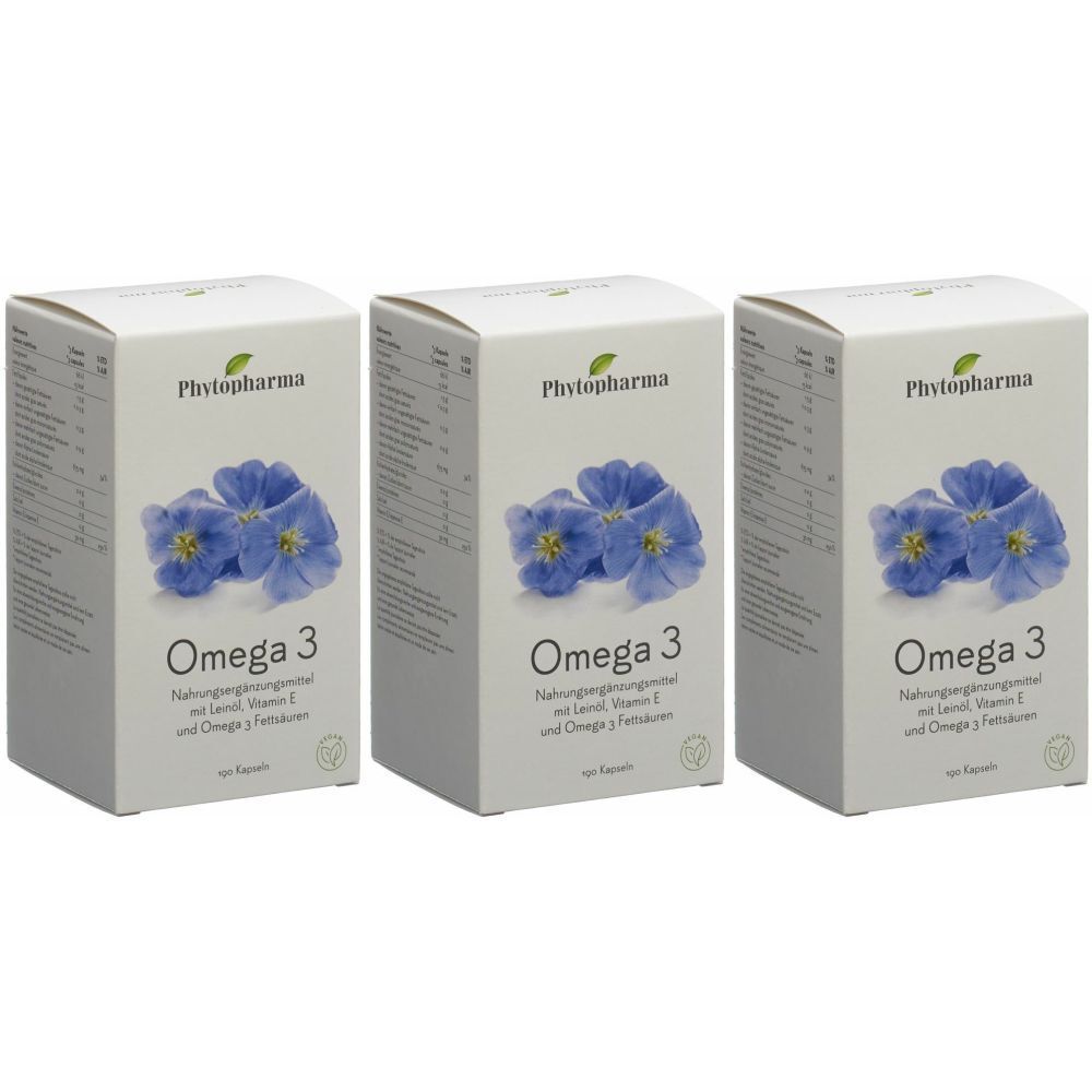 Trois boîtes de PHYTOPHARMA Omega 3. Emballage blanc avec fleurs bleues et informations produit. Inscription : Omega 3.
