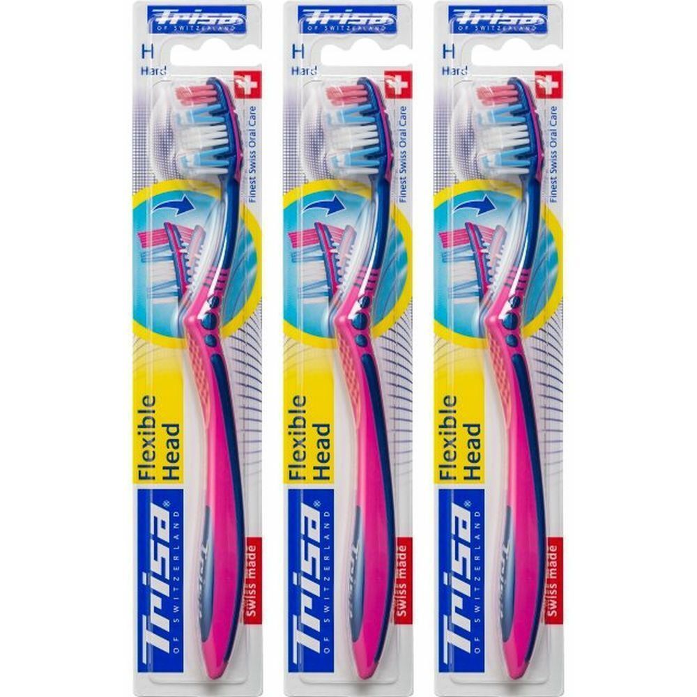 Trois brosses à dents emballées. Manches bleus et roses, soies bleues. Marque : Trisa. Inscription : Flexible Head, Swiss Made.
