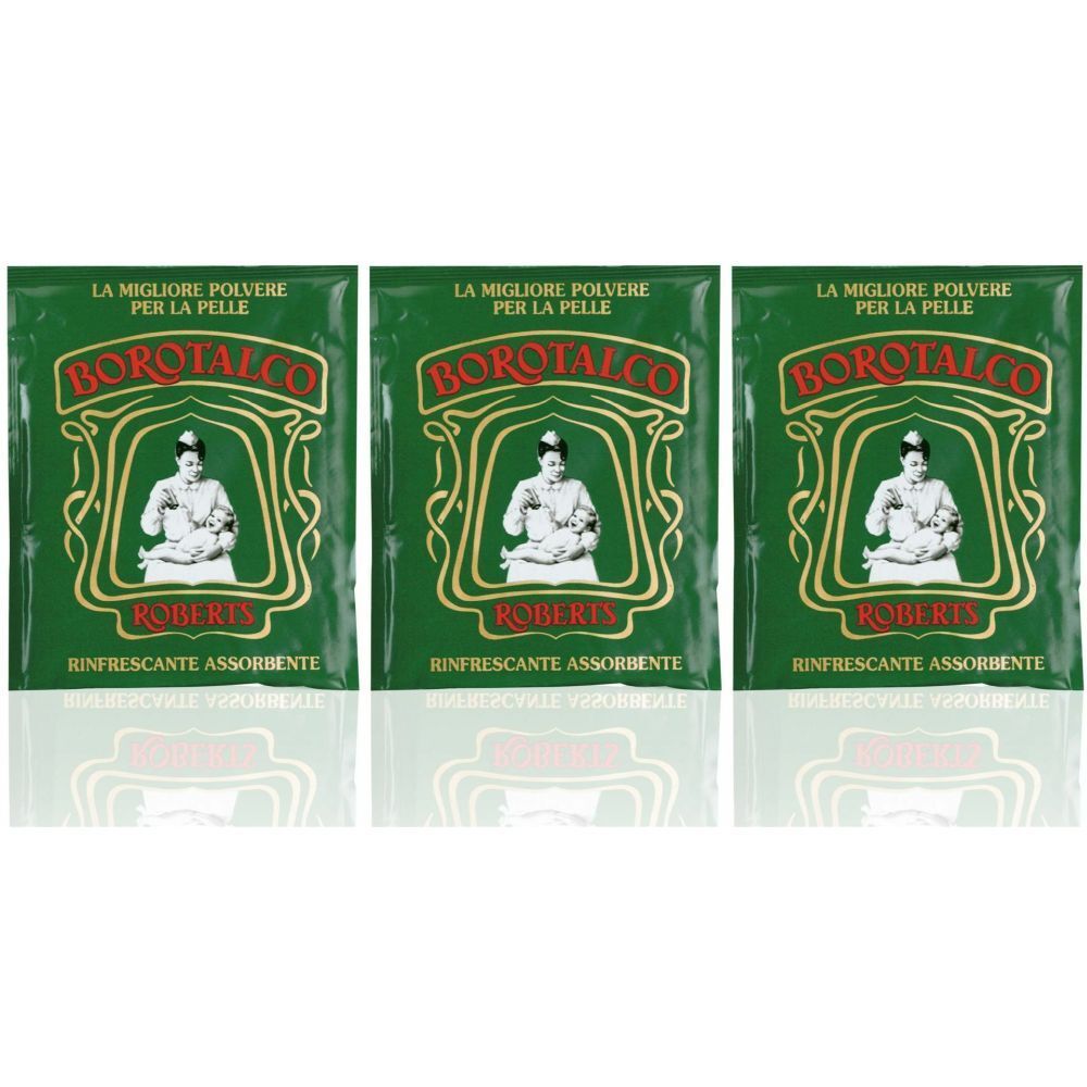 Trois sachets Borotalco Roberts® verts. Inscription : BOROTALCO, ROBERTS, RINFRESCANTE ASSORBENTE. Image d'une femme.