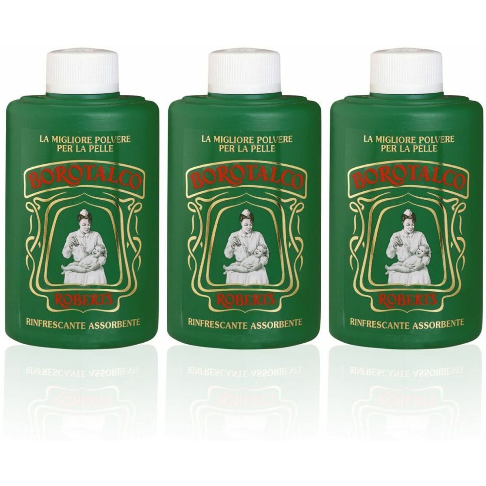 Trois flacons verts avec bouchons blancs. Sur chacun, le logo BOROTALCO et une image. Texte : Rinfrescante Assorbente.