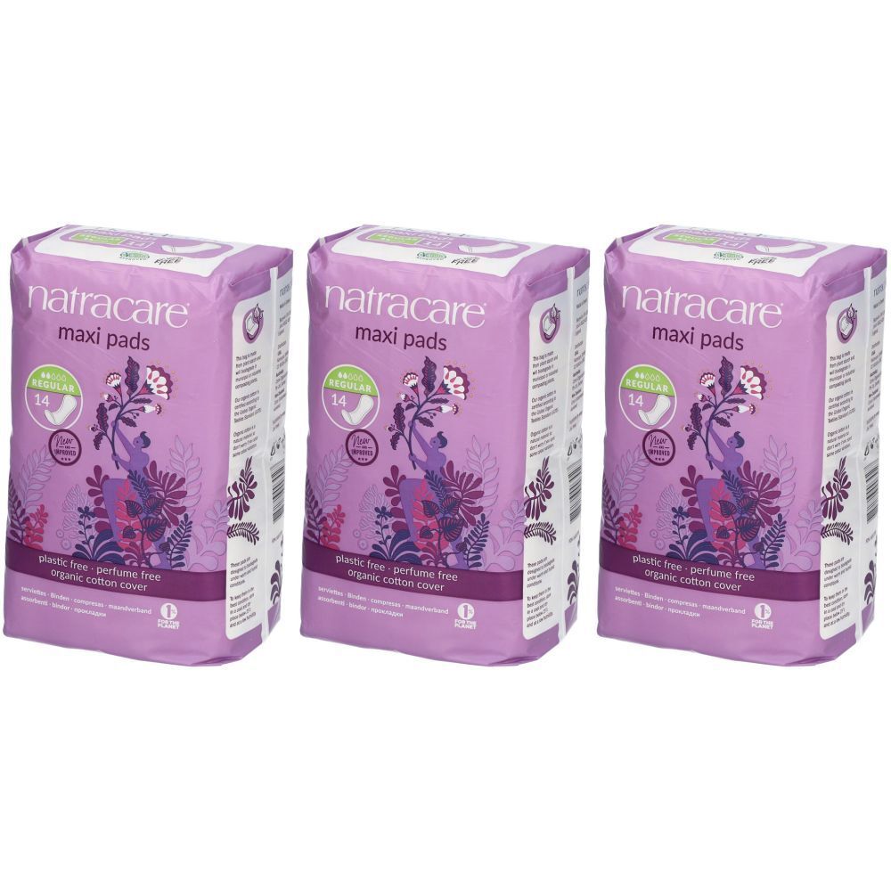 Trois paquets de serviettes hygiéniques Natracare Maxi Pads. Emballage violet avec motif floral. Texte : "maxi pads", "plants free", "organic cotton cover".