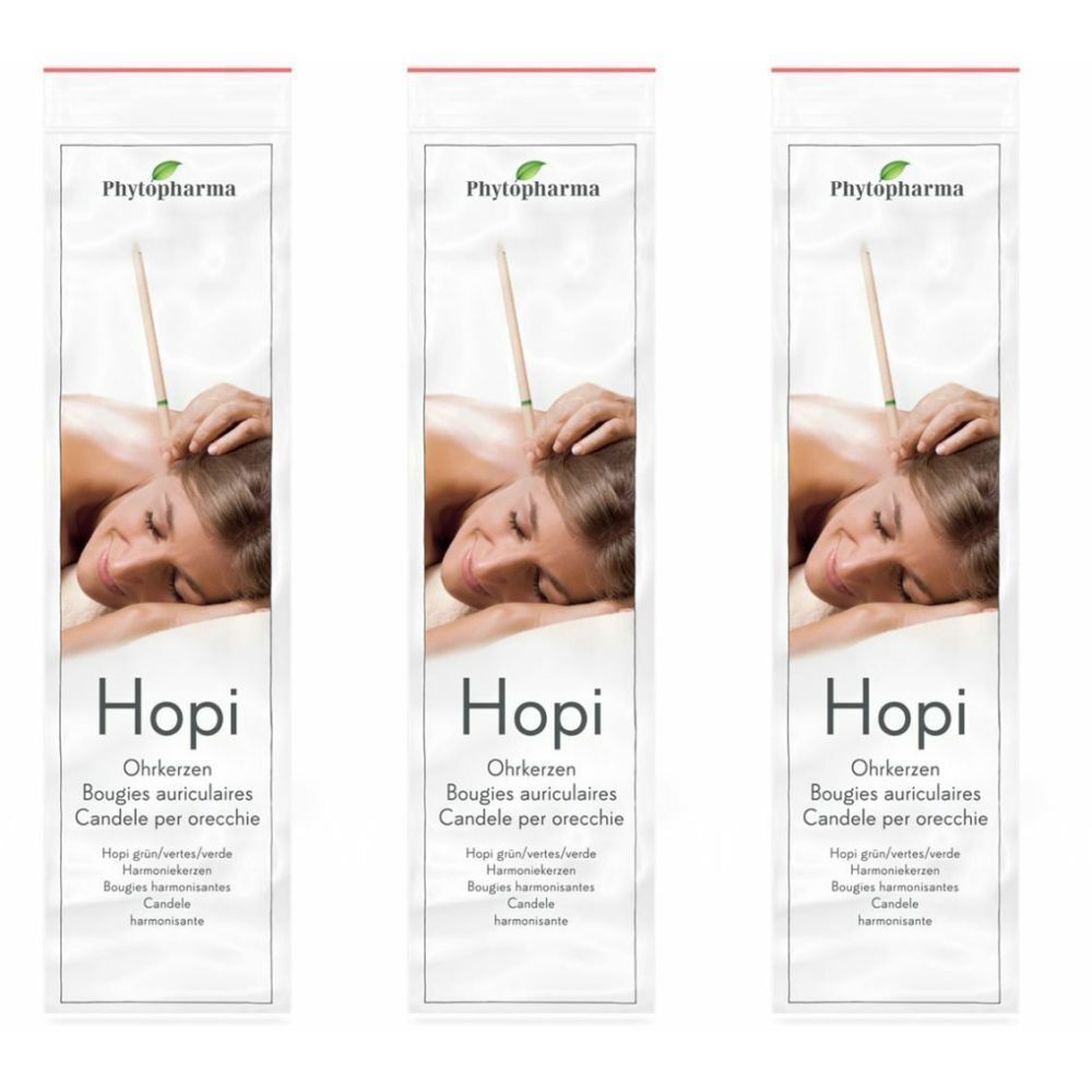 Trois paquets de bougies auriculaires. Chaque paquet montre une personne utilisant une bougie auriculaire. La marque est Phytopharma.