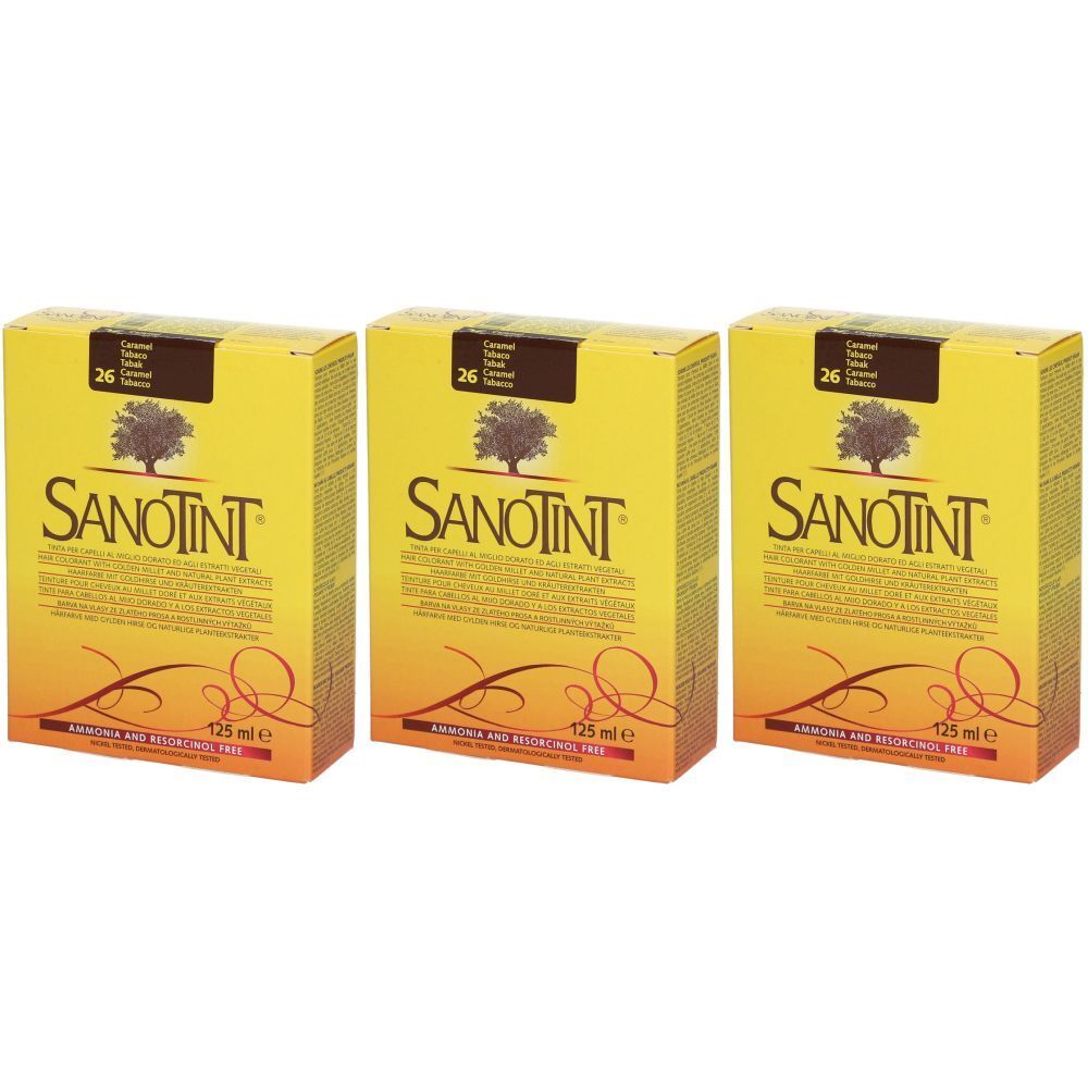 Trois boîtes jaunes avec logo SANOTINT et symbole d'arbre. Inscription: Nr. 26 Tabak, 125 ml. Sans ammoniaque ni résorcine.