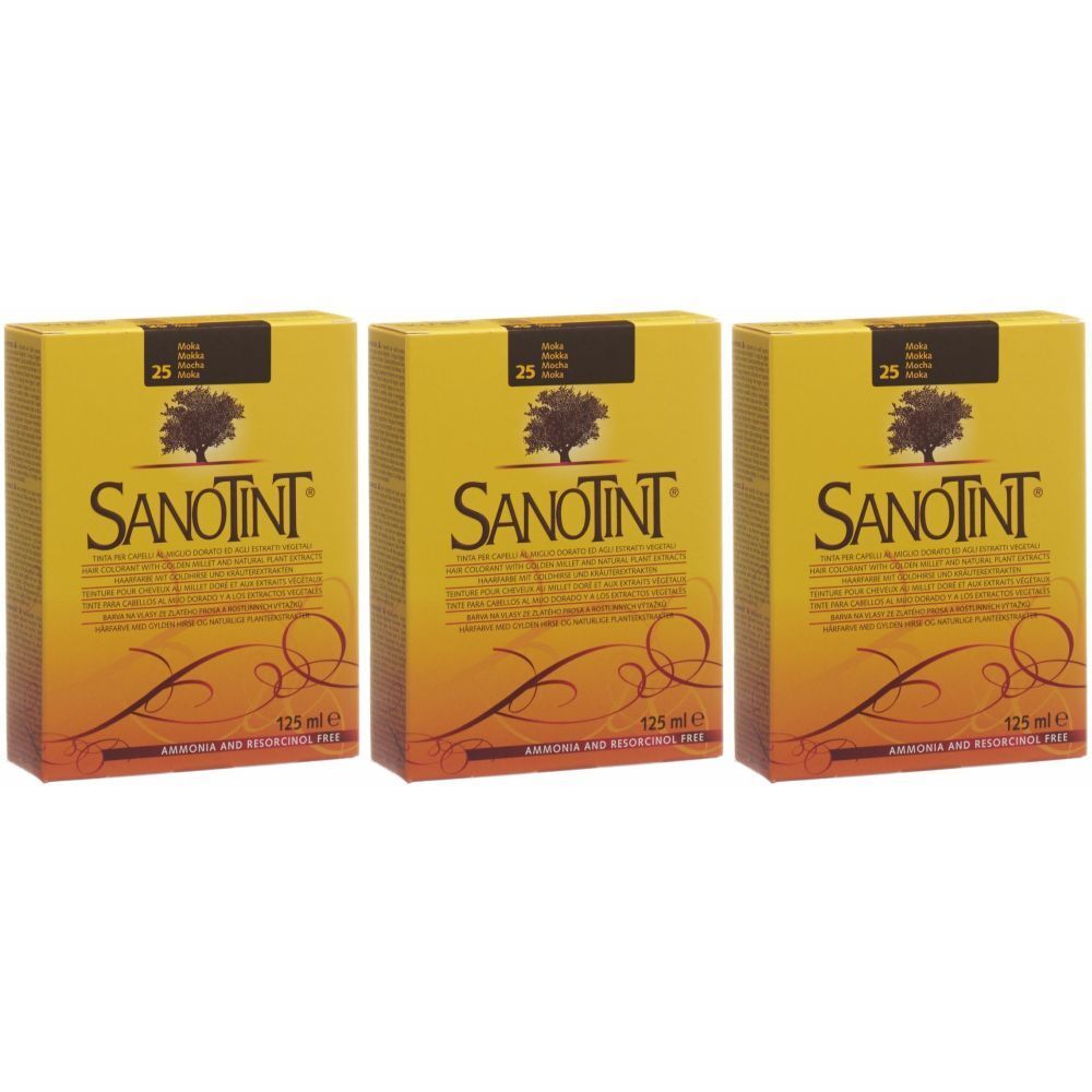 Trois boîtes de coloration capillaire SANOTINT. Dégradé jaune-orange, texte brun. Inscription : 25, Mokka, 125 ml, sans ammoniaque ni résorcinol.