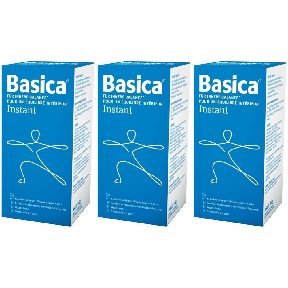 Trois boîtes bleues avec le logo "Basica" et du texte. Inscription : "POUR UN ÉQUILIBRE INTÉRIEUR". Figure humaine. "Instant" en dessous.