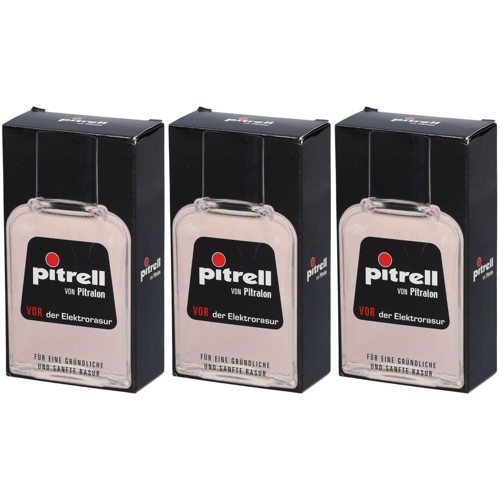 Trois flacons dans des boîtes noires. Chaque flacon porte l'inscription "pitrell von Pitralan VOR der Elektrorasur".