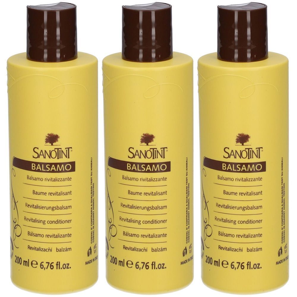 Trois flacons jaunes avec bouchons marron. Inscription: SANOTINT BALSAMO, Balsamo rivitalizzante. 200 ml e 6,76 fl.oz.