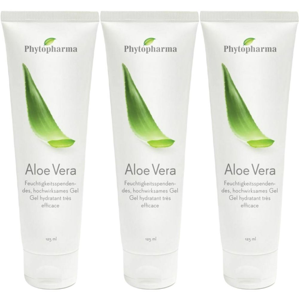 Trois tubes blancs de gel à l'aloe vera. Chaque tube porte le logo Phytopharma et une feuille verte d'aloe vera.