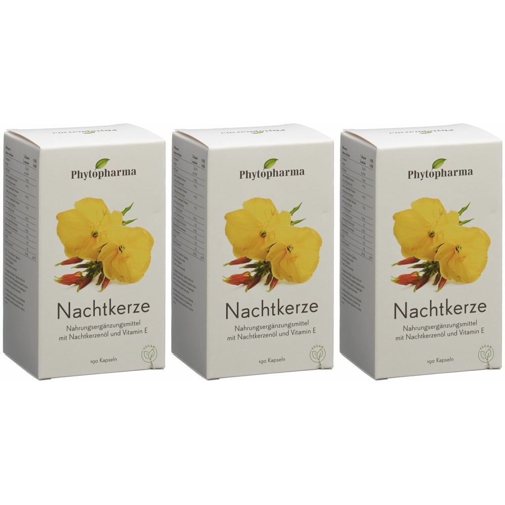 Trois boîtes de produit Nachtkerze. Chaque boîte présente des fleurs jaunes et des légumes rouges. La marque est Phytopharma.