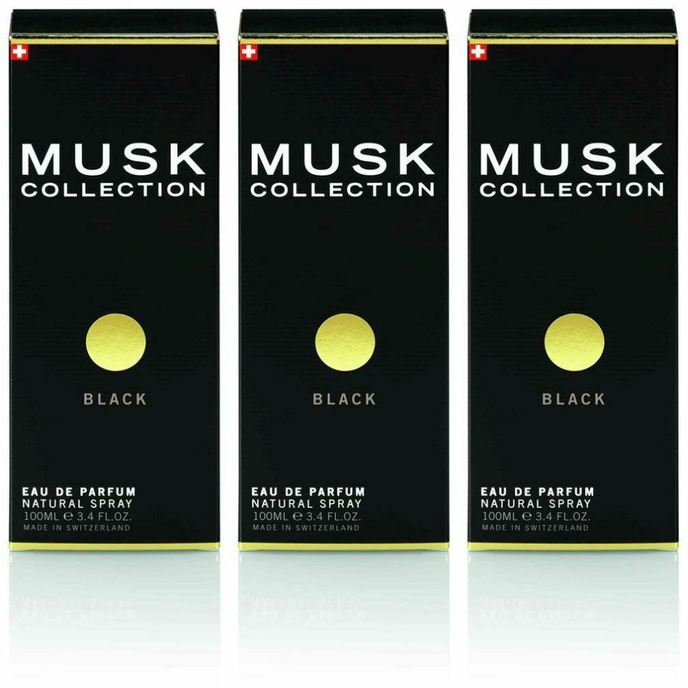 Trois boîtes de parfum noires. Inscription: MUSK COLLECTION, BLACK, EAU DE PARFUM NATURAL SPRAY. Fabriqué en Suisse.
