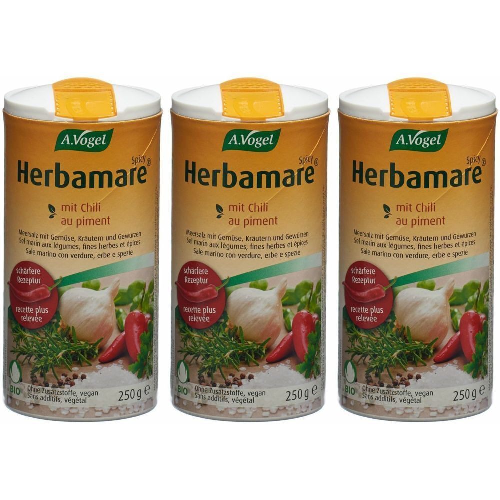 Trois boîtes de A.Vogel Herbamare au chili. Inscription : sel marin aux légumes, fines herbes et épices. Label bio. 250g.