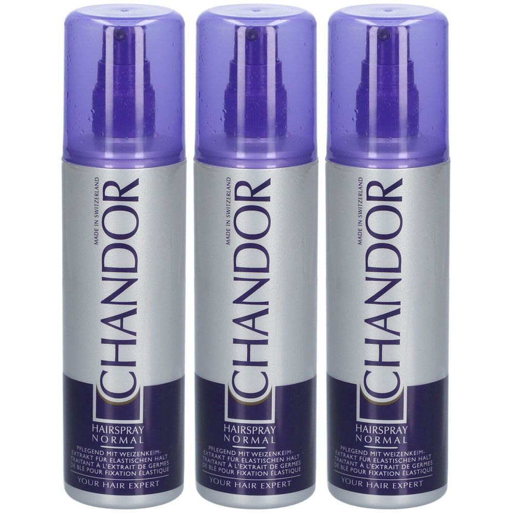 Trois flacons de laque pour cheveux avec bouchons violets. Inscription : CHANDOR, HAIRSPRAY NORMAL. Fabriqué en Suisse. Votre expert capillaire.