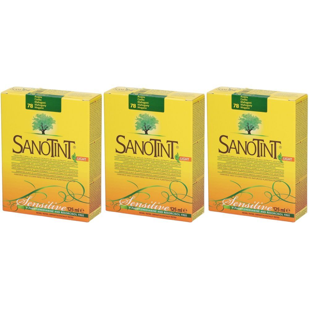 Trois boîtes jaunes SANOTINT. Logo, illustration d'arbre et texte. Inscription: Sensitive 125 ml e. Teinte 78.