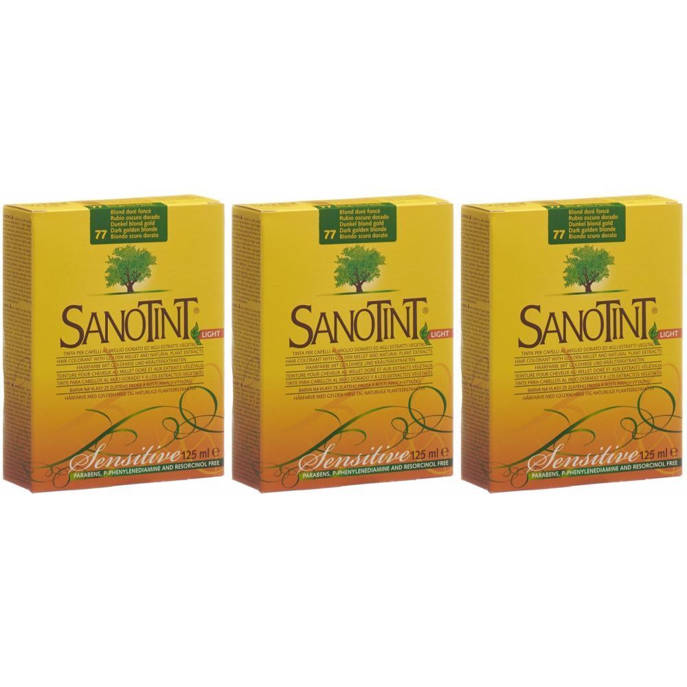 Trois boîtes de SANOTINT Sensitive. Emballage jaune avec logo arbre et texte. Inscription Sensitive 125 ml.