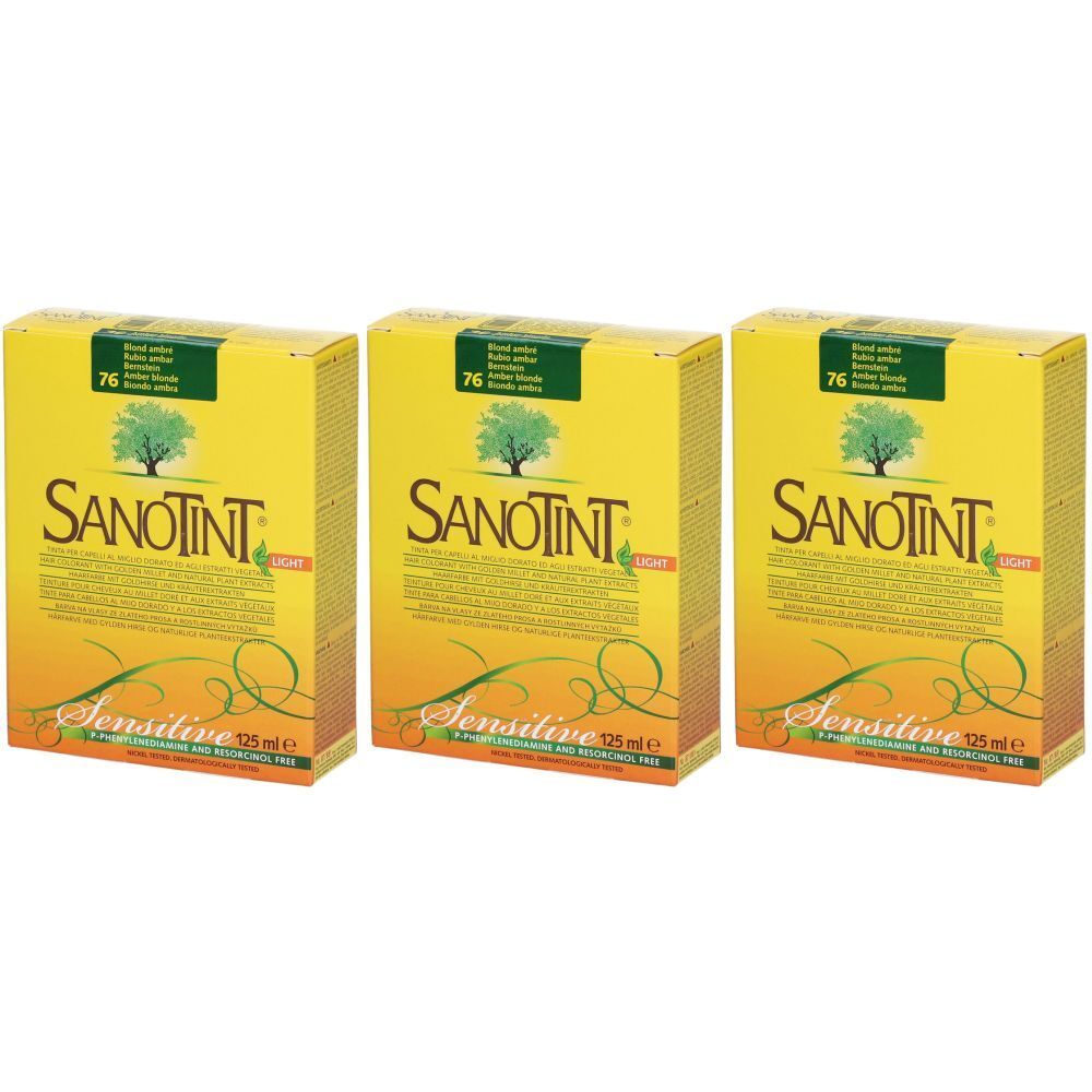 Trois boîtes jaunes avec logo SANOTINT, illustration d'arbre et texte. Inscription : Sensitive, 125 ml e.