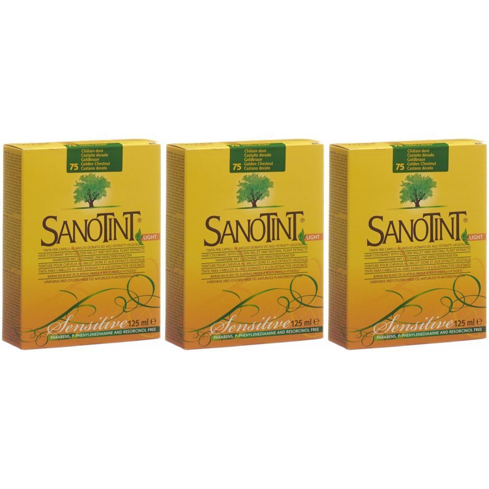 Trois boîtes jaunes SANOTINT Sensitive Haarfarbe. Inscription : goldbraun 75. Logo d'arbre. Texte : 125 ml.
