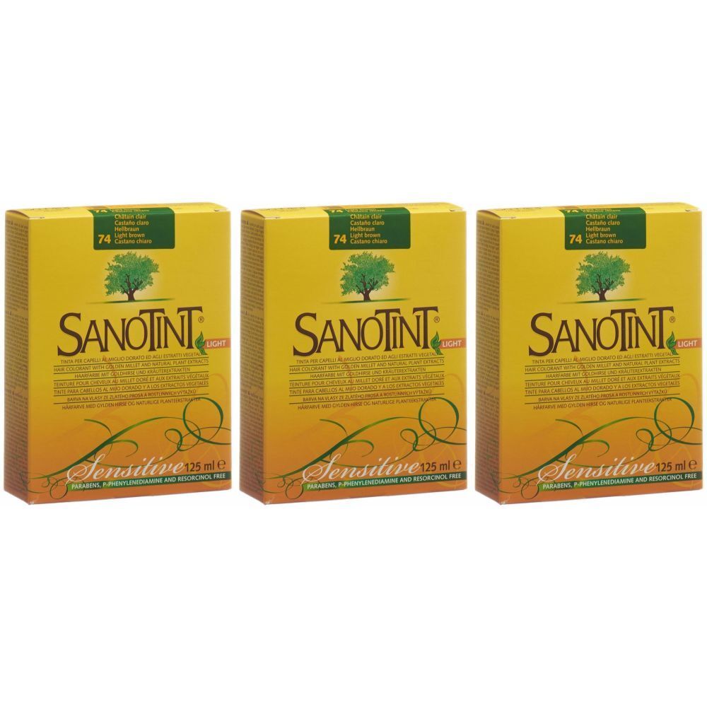 Trois boîtes de SANOTINT Sensitive Haarfarbe hellbraun 74. Emballage jaune avec logo, illustration d'arbre et nom du produit.