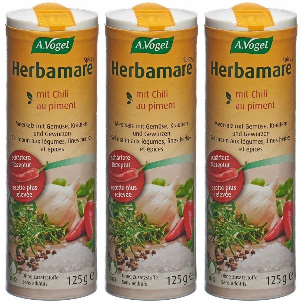 Trois boîtes cylindriques de sel Herbamare A. Vogel. Inscription : mit Chili, 125g, label bio.
