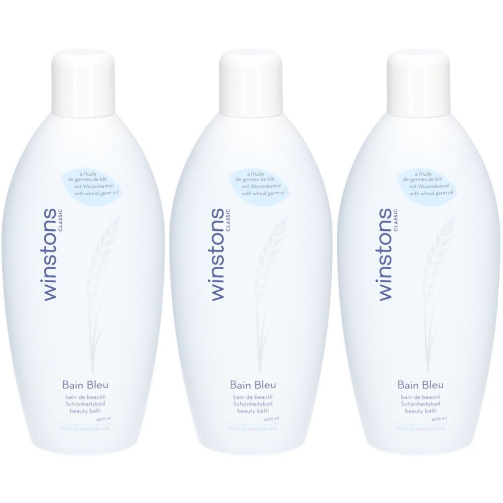Trois flacons ovales blancs avec bouchons blancs. Inscription: winstons classic, Bain Bleu, Schönheitsbad. Avec huile de germes de blé.