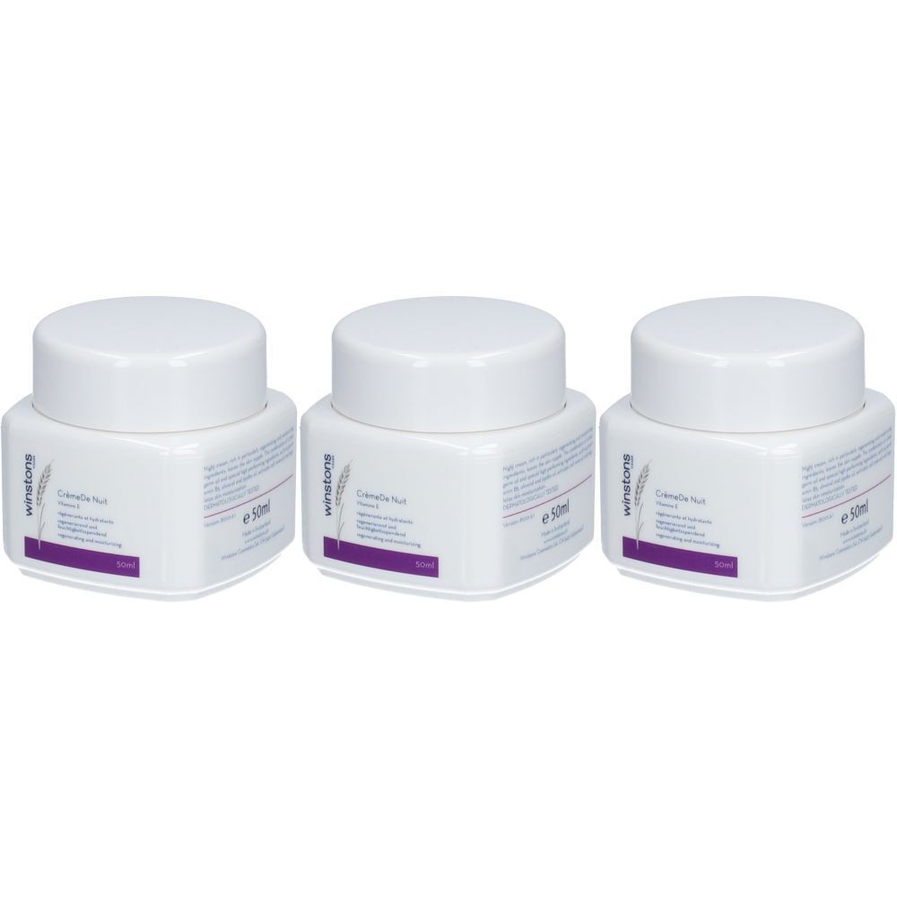 Trois pots blancs avec couvercles. Sur le devant, "Winstons" et "Vitamin E". Inscription "CremeGepflegt".