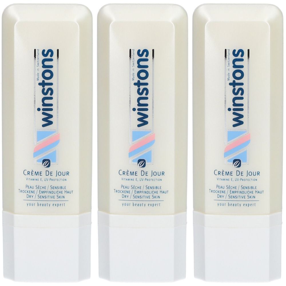 Trois flacons crème. Chaque flacon porte "winstons" et "CRÈME DE JOUR". Texte: Peau sèche/sensible, trockene/empfindliche Haut, dry/sensitive skin.