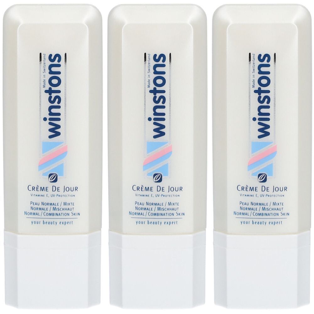 Trois flacons blancs avec l'inscription "winstons". Inscription "CRÈME DE JOUR" et "Peau Normale/Mixte".