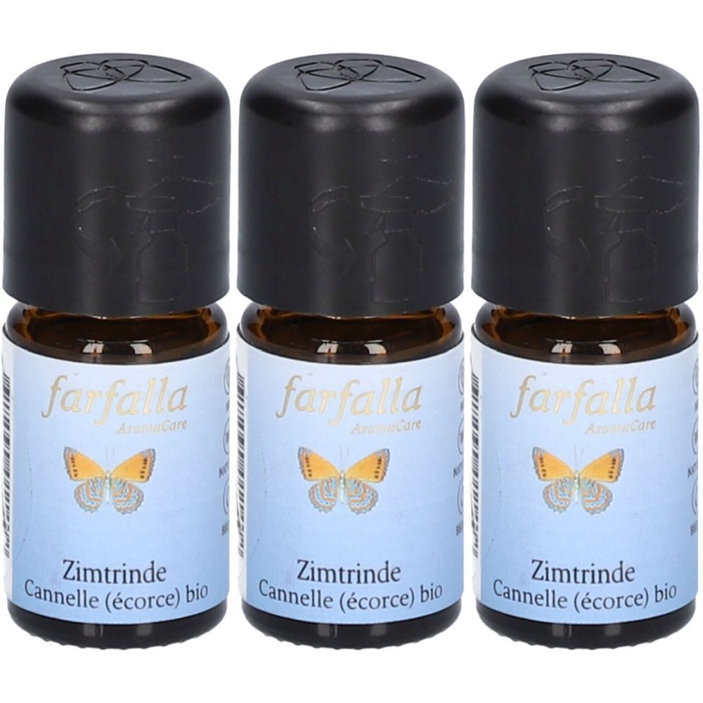 Trois petites bouteilles en verre brun avec des bouchons noirs. Les étiquettes indiquent "farfalla" et "Zimtrinde".