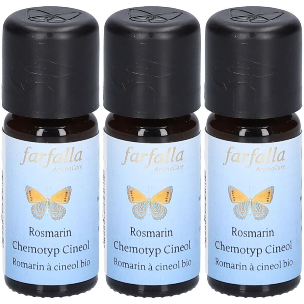 Trois flacons en verre avec des bouchons noirs. Les étiquettes indiquent "farfalla" et "Rosmarin".
