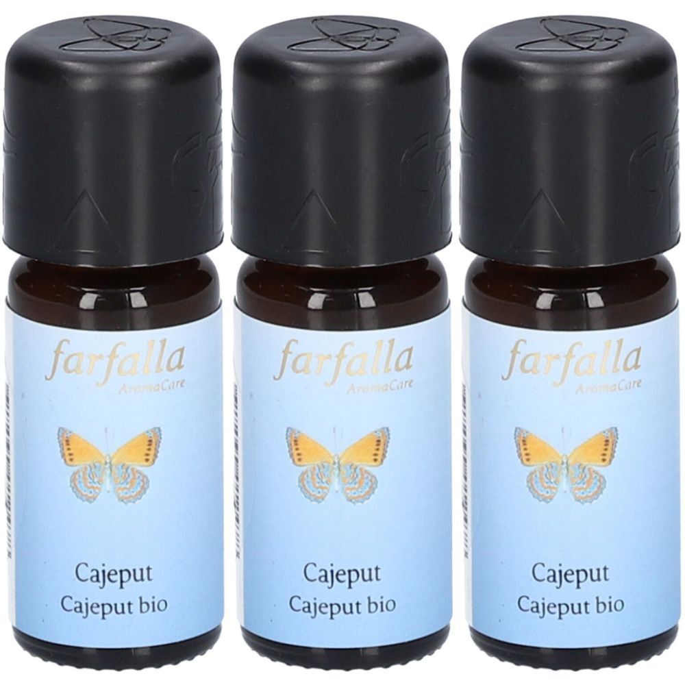 Trois flacons avec bouchons noirs. Inscription: farfalla, Cajeput bio. Étiquette avec papillon.