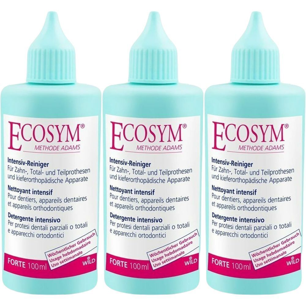 Trois flacons Ecosym, nettoyant pour prothèses dentaires et appareils orthodontiques. Flacons bleu clair avec bouchon doseur.