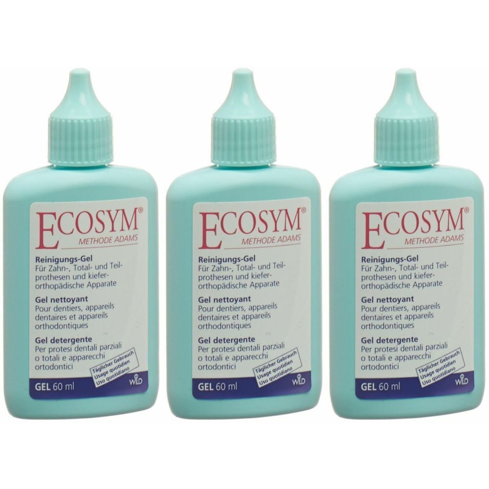 Trois flacons bleus clairs de gel nettoyant Ecosym. Inscription: Gel nettoyant pour prothèses dentaires et appareils orthodontiques. Bouchon doseur.