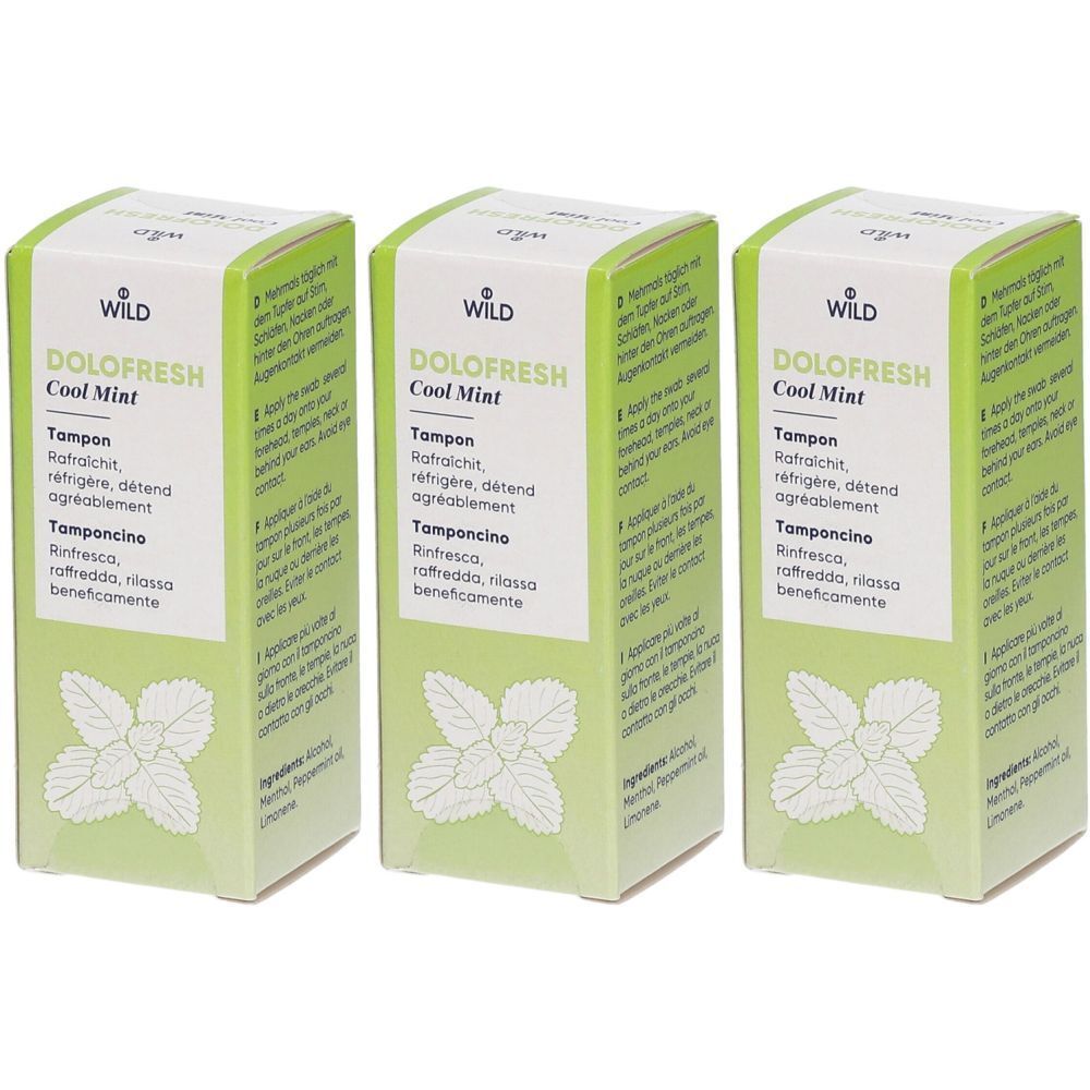 Trois boîtes DOLOFRESH Cool Mint Tampon. Emballage vert et blanc avec nom du produit, illustration de menthe et texte multilingue.