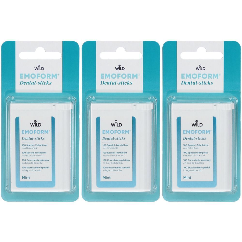 Trois paquets de bâtonnets dentaires EMOFORM. Chaque paquet contient 100 cure-dents spéciaux. Emballage blanc avec texte bleu et crochet.